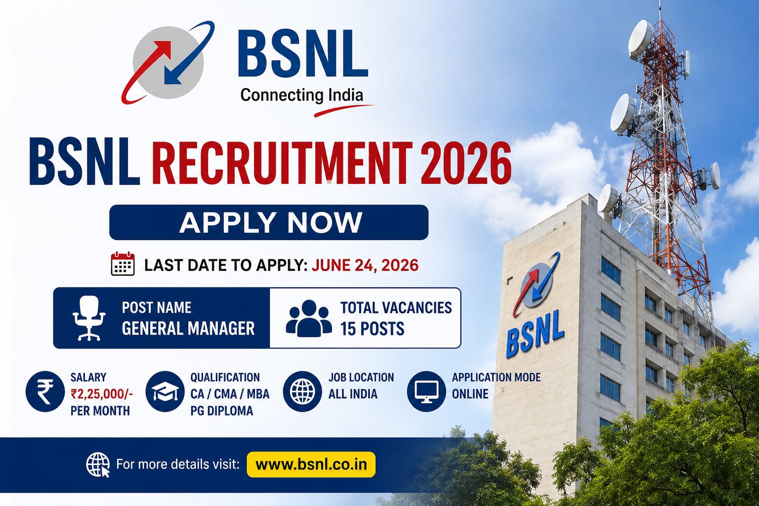 BSNL Recruitment 2026 Apply Online for 15 General Manager Posts