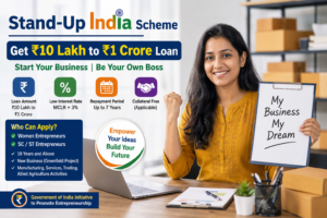 Woman entrepreneur explaining Stand-Up India Scheme 2026 and how to get a ₹10 lakh to ₹1 crore business loan.
