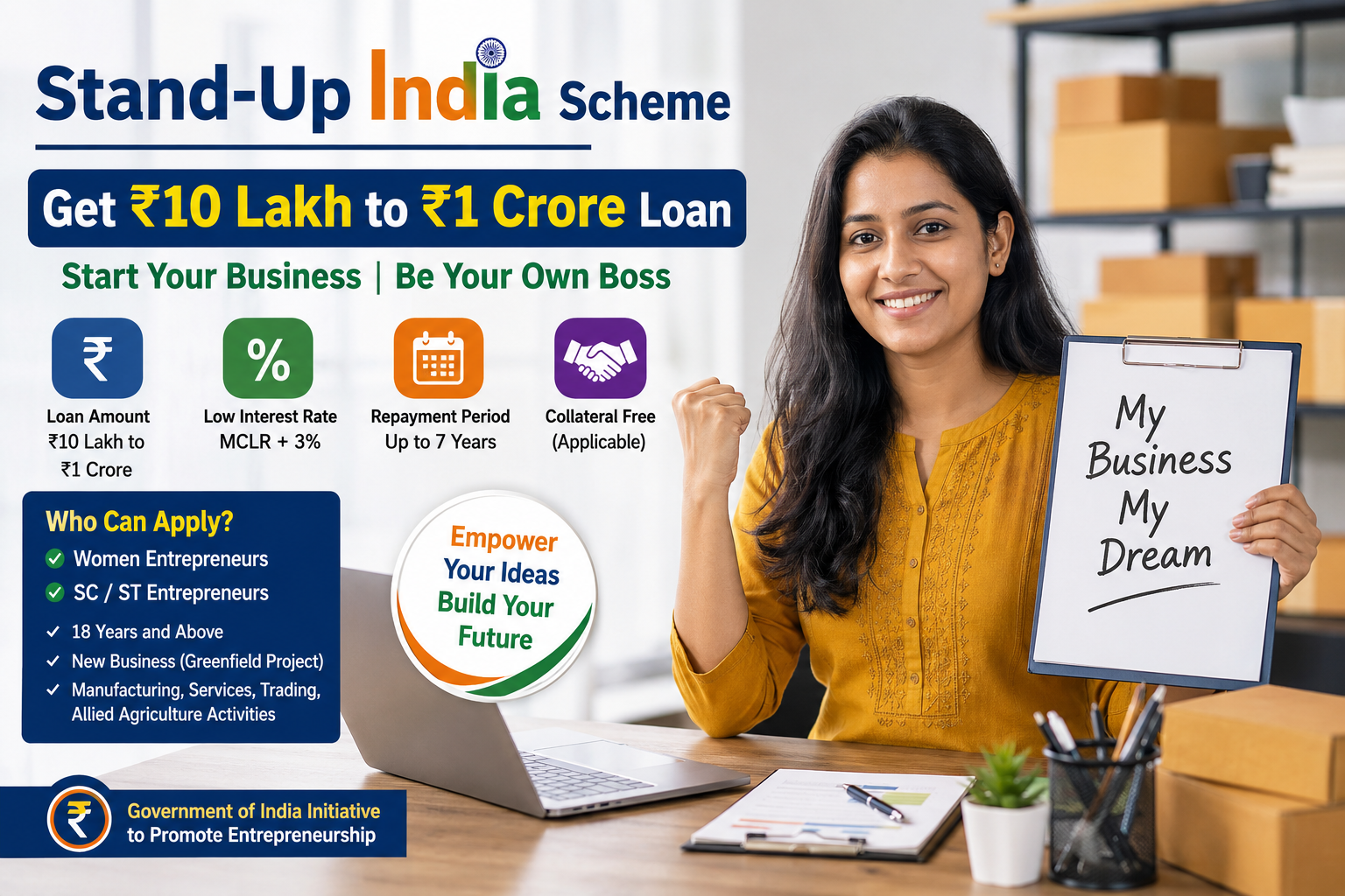 Woman entrepreneur explaining Stand-Up India Scheme 2026 and how to get a ₹10 lakh to ₹1 crore business loan.